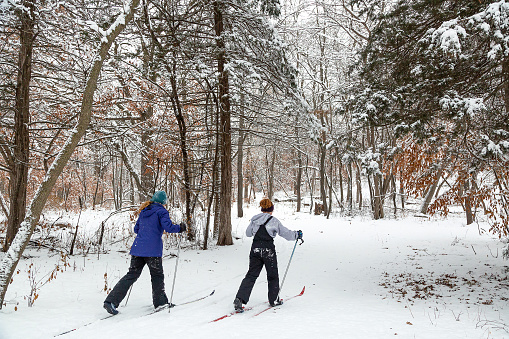 Two girls (sisters) cross country skiing in the woods on a winter day.