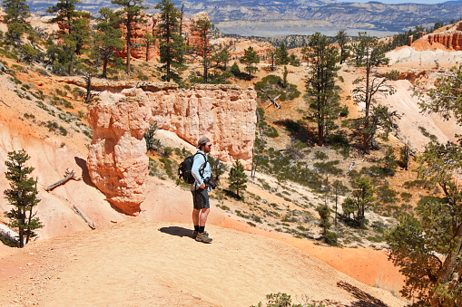 Woman standing next to Thor's Hammer hoodoo on top of  mountain looking at beautiful view. Bryce Canyon National Park, Utah, USA