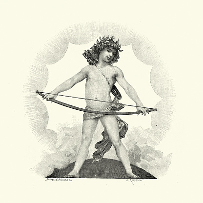 Vintage illustration of Mythical archer, boy wearing laurel crown, holding a bow