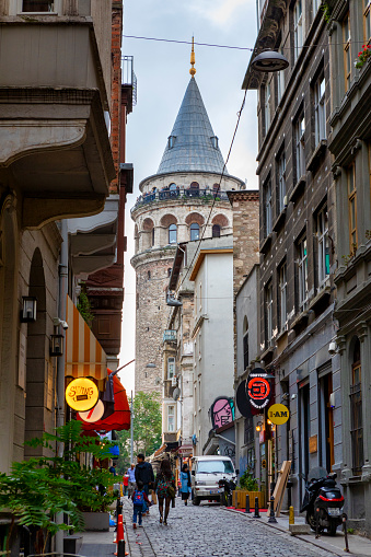Istanbul, Turkey, Oct 18, 2018: A beautiful view of the street with the view of the Galata tower in old Istanbul, Turkey.