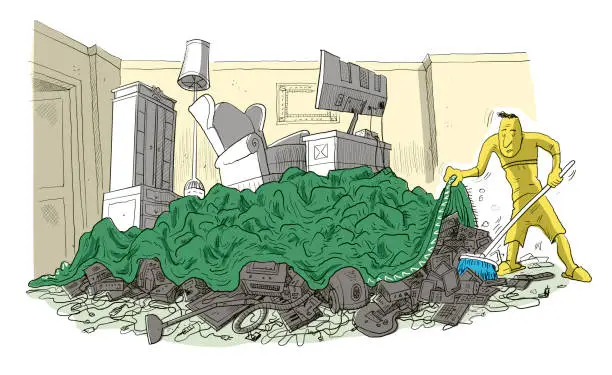 Vector illustration of Man sweeping old electronics under the rug