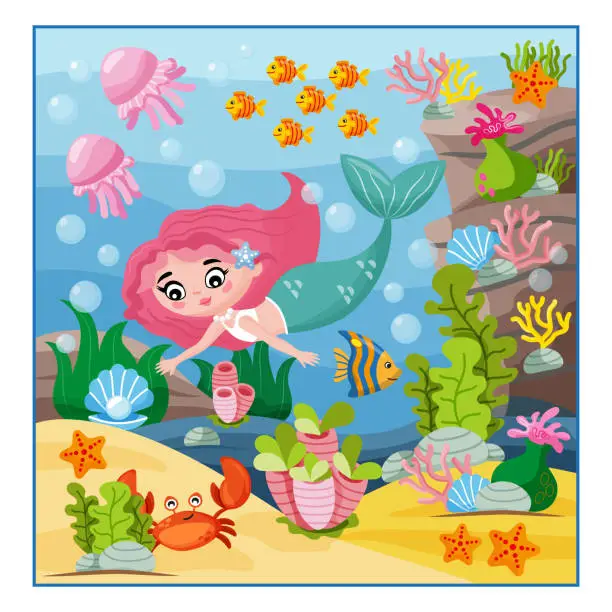 Vector illustration of illustration, mermaid in the underwater world. cartoon style for children's