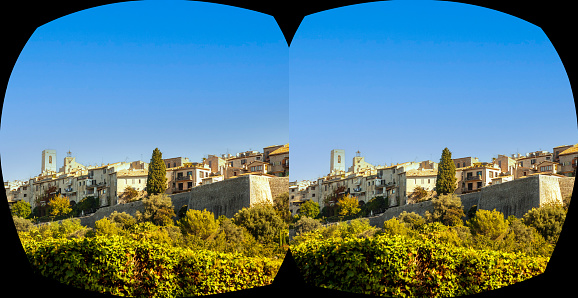 View of the French, hill top, medieval town from below.