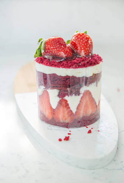 istock Red cake with strawberries. Strawberry dessert with cream. 1457469959