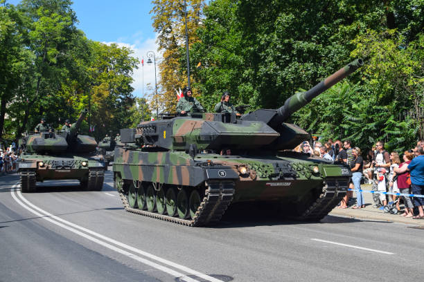 Warsaw, Poland - 15th August, 2017: German tanks Leopard 2A5s driving on a parade during the Polish Armed Forces Day. Today is a popular tank in Polish army.