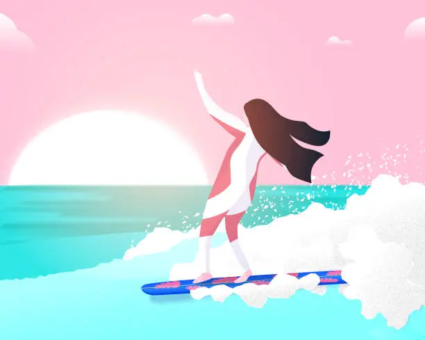 Vector illustration of Fun Surfing Girl