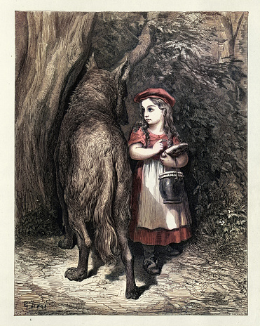 Vintage engraving of Little Red Riding Hood encounters the wolf in the woods. Fairy Tales of Charles Perrault illustrated by Gustave Dore