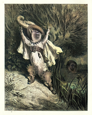 Vintage engraving of Puss in Boots, Fairy Tales of Charles Perrault illustrated by Gustave Dore. Puss in Boots, is a later European literary fairy tale about a anthropomorphic cat who uses trickery and deceit to gain power, wealth, and the hand of a princess in marriage for his penniless and low-born master.