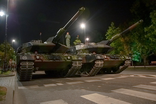 Warsaw, Poland - 12 August, 2015: German tanks Leopard 2A5s parked on a trial parade before the Polish Armed Forces Day. Today is a popular tank in Polish army.