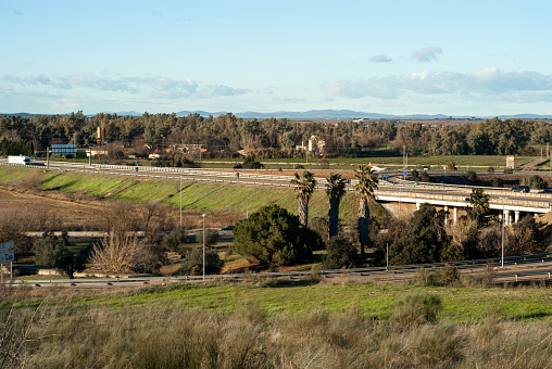 Badajoz, Spain. 01-18-2023. Highway A-5 as it passes through the city of Badajoz.