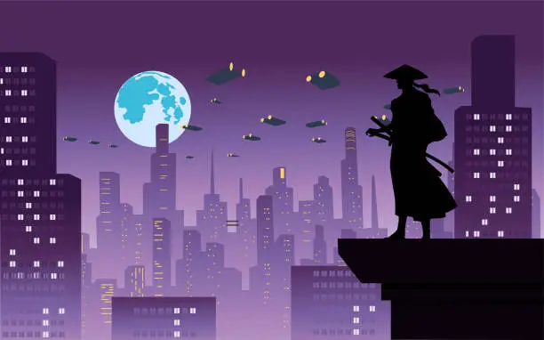 Vector illustration of anime girl cityVector Anime Style Samurai silhouette in a Cyberpunk City Stock Illustration