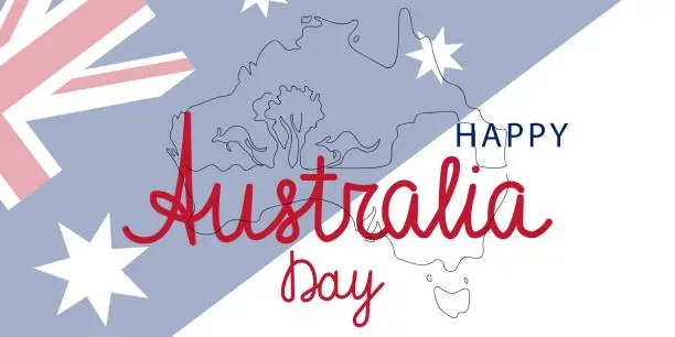 Vector illustration of Happy Australia Day, concept. Map, Australian flag, kangaroo, mountain, tree, wave, line art. Vector illustration for greeting banner, flyer.