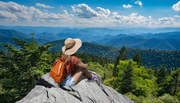 Hiker girl sitting on a cliff edge enjoying scenic summer view. stock photo