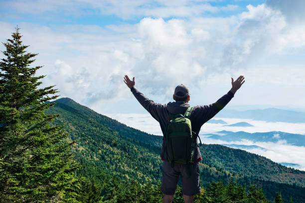 istock Man with arms raised relaxing on spring hiking trip. 1457497510