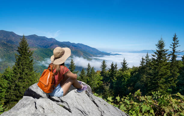 Hiker girl sitting on a cliff edge enjoying scenic summer view. stock photo
