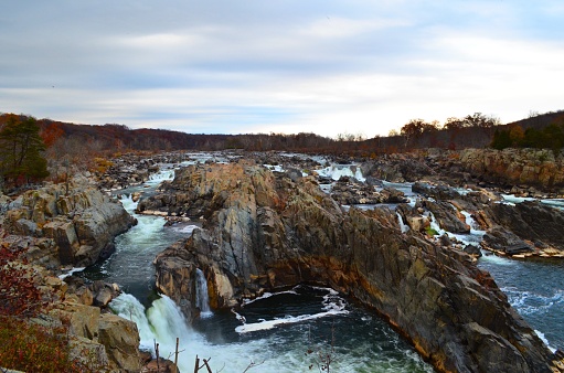 Low light at sunset over Great Falls National Park winter grey day