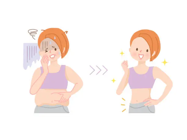 Vector illustration of Before and after of a young woman who succeeded in dieting