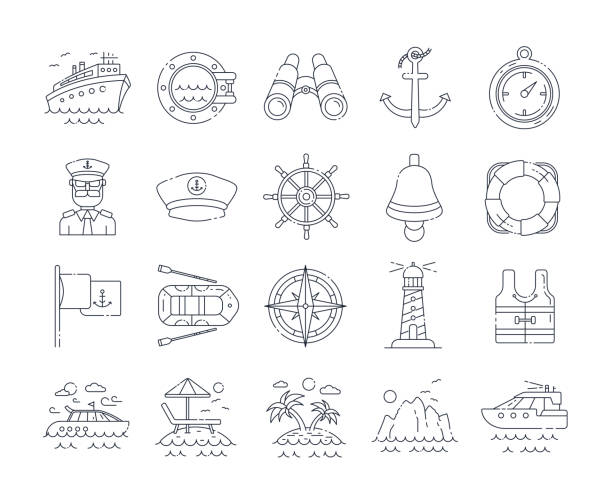 illustrazioni stock, clip art, cartoni animati e icone di tendenza di icone delle linee nautiche. tratto modificabile. - helm rudder sailboat isolated