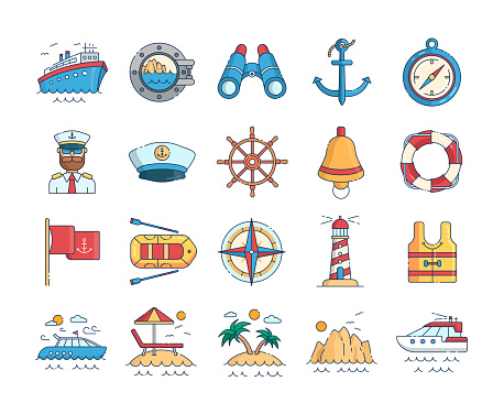 Nautical Color Line Icons. Editable Stroke. Vector illustration.