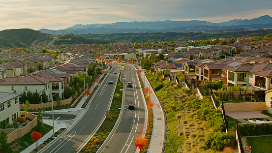 Aerial shot of Santa Clarita, California on a beautiful autumn afternoon. Santa Clarita is a suburb in Los Angeles County north of the city of Los Angeles.