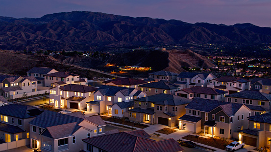 Aerial shot of Santa Clarita, California on a beautiful autumn evening. Santa Clarita is a suburb in Los Angeles County north of the city of Los Angeles.