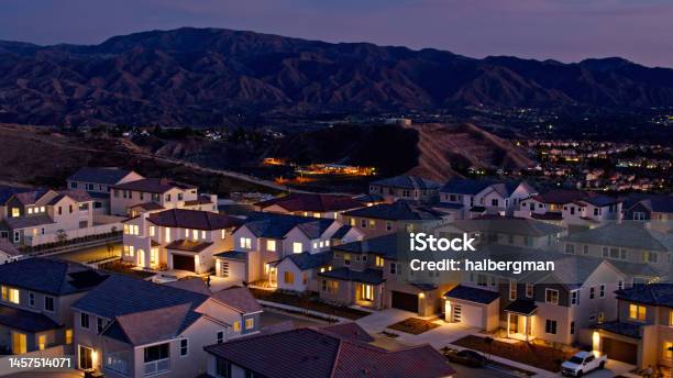 Aerial View Of Illuminated Homes In Santa Clarita Stock Photo - Download Image Now - Residential District, Night, Residential Building