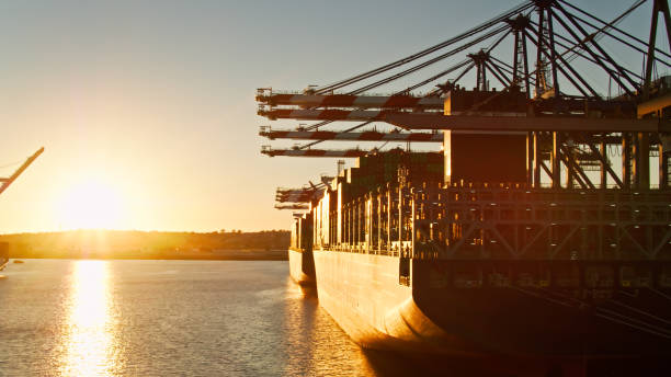Aerial shot of a pair of massive container ships docked in the Port of Los Angeles at sunset. \n\nAuthorization was obtained from the Los Angeles Harbor Department and Los Angeles Port Police for this operation in restricted airspace.