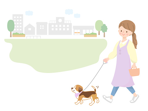 Illustration of young woman walking dog in park
