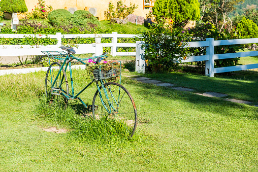 Old bicycle on green grass, Thailand.