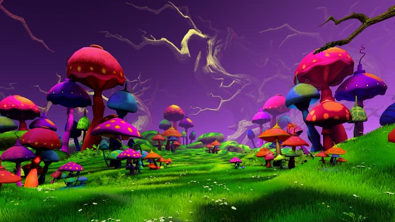 Movement through a fabulous forest among large mushrooms, fantastic trees and grass