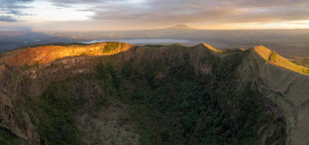 Panoramic view on Santiago crater in Nicaragua Panoramic view on Santiago crater in Nicaragua aerial drone view on sunset light masaya volcano stock pictures, royalty-free photos & images