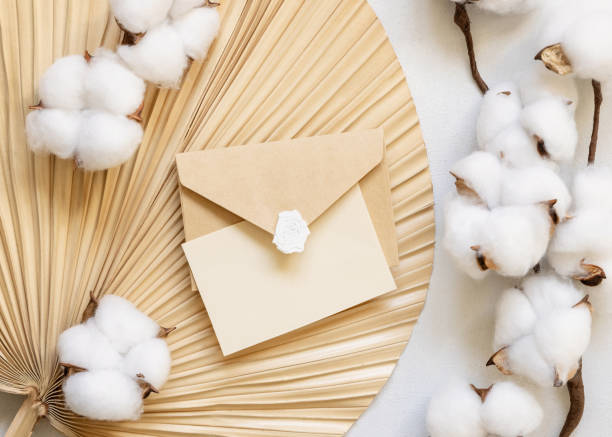 istock Blank card and envelope on dried palm leaf with cotton flowers top view, wedding mockup 1457528816