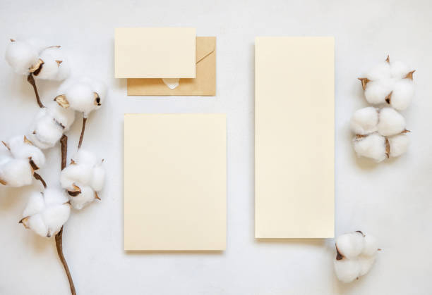 istock Blank cards and envelope with cotton flowers top view on white, wedding mockup 1457528823