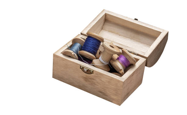 istock Small wooden chest with old sewing threads on spools. 1457529381