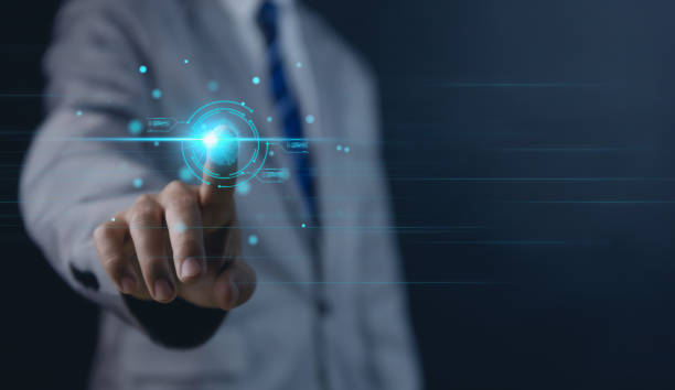 istock Businessman scans fingerprints for identity verification, biometrics on virtual screen. cyber security computer password to access privacy 1457536487