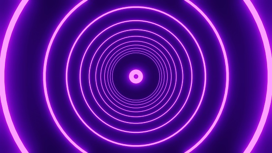 Abstract circle line pattern spins a purple light tunnel on black background in the concept of music, technology, digital