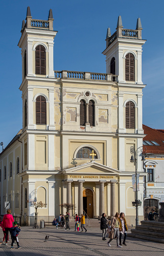 Banska Bystrica, Slovakia - April, 23, 2022 : St Francis Xavier Cathedral. Slovak National Uprising Square. Banska Bystrica. Slovakia.