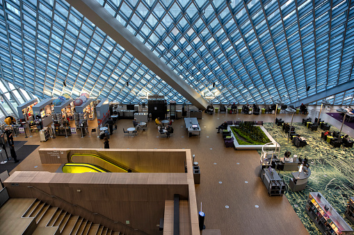 Interior view of Seattle Public Library, WA, USA on a winter afternoon.