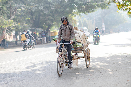 Tricycles transport agricultural products to a market in Sarnath, India