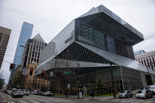 Street view of Seattle Public Library, WA, USA on a cloudy winter afternoon.