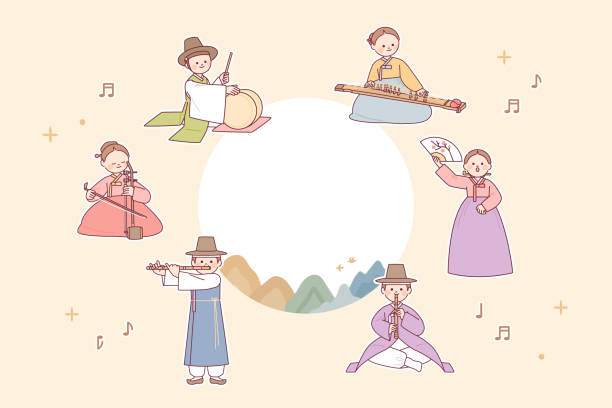 koreańskie wykonanie muzyki tradycyjnej. muzycy grają na tradycyjnych instrumentach. - traditional clothing illustrations stock illustrations