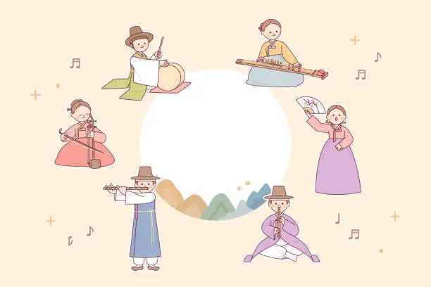 Vector illustration of Korean traditional music performance. Musicians are playing traditional instruments.