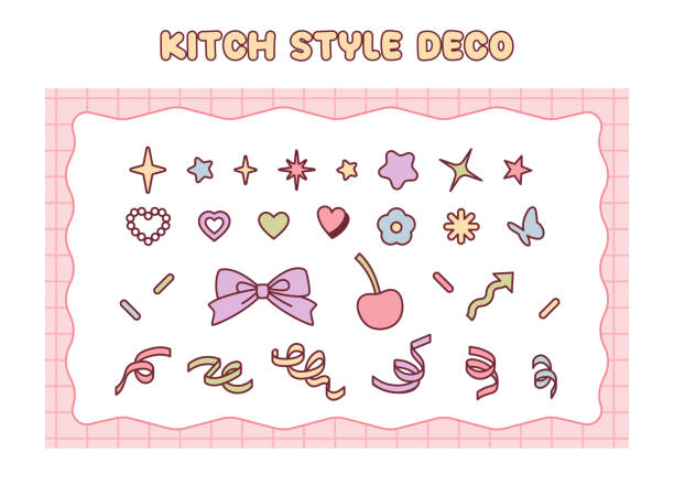 A collection of cute decoration stickers. Twinkling stars and ribbon confetti. vector art illustration