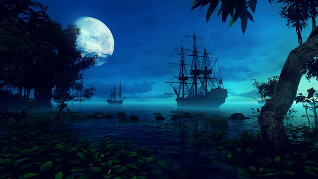 Pirate Ships In The Bay Of A Tropical Island