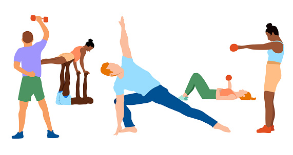 Various people exercising and doing yoga, lifting weights, and doing balance exercises.