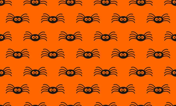 Vector illustration of Cute little black spiders on orange background. Halloween party seamless pattern. Scrapbooking or wrapping paper, fabric design, textile print