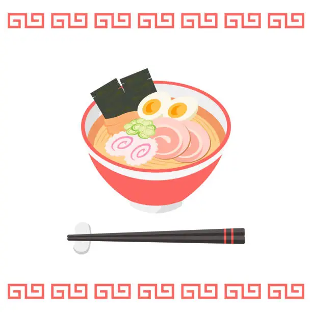 Vector illustration of Japanese Food, Ramen with Chopsticks.