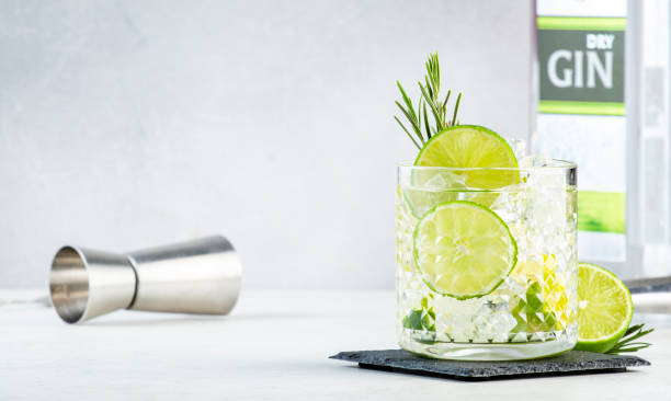 istock Gin tonic classic alcoholic cocktail drink with dry gin, bitter tonic, lime and ice, bar tools. Gray table background with copy space 1457555098