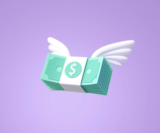3D Flying stack of money on purple