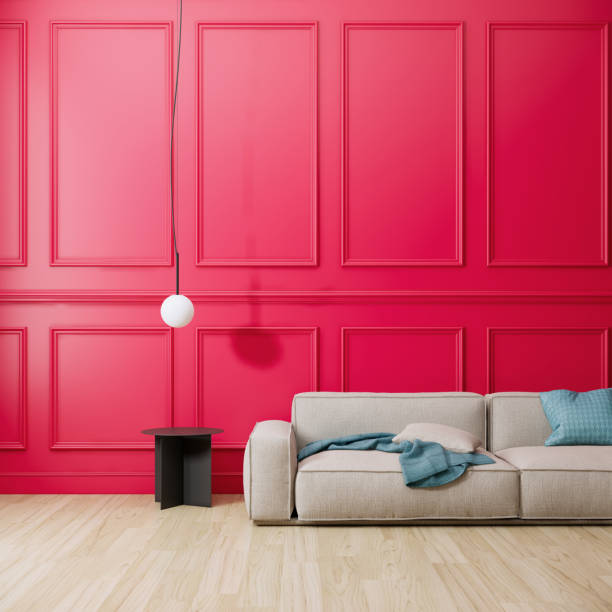 istock 3d rendering living room interior design and decoration with classic wall panel in viva mageta color, fabric sofa, parquet floor. 1457557761
